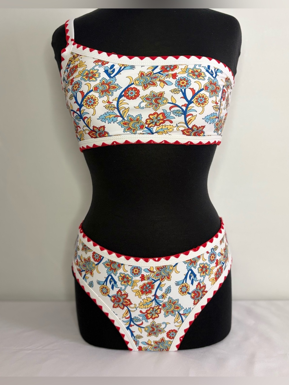 Floral Print Bandeau Bikini Set with Red Trim - White Multi